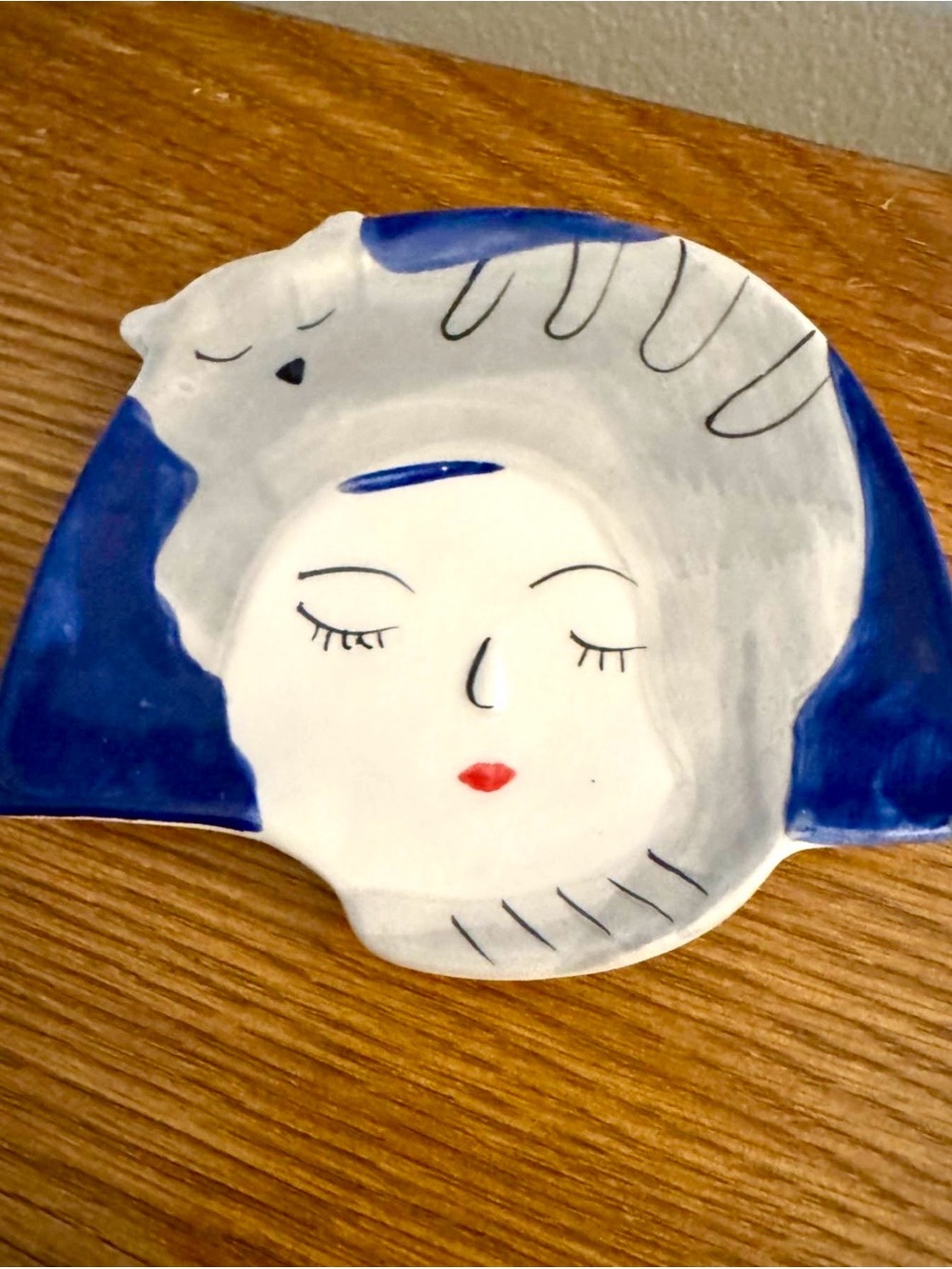 Cost Plus World Market Ceramic Face Trinket Dish in White, Blue, Red